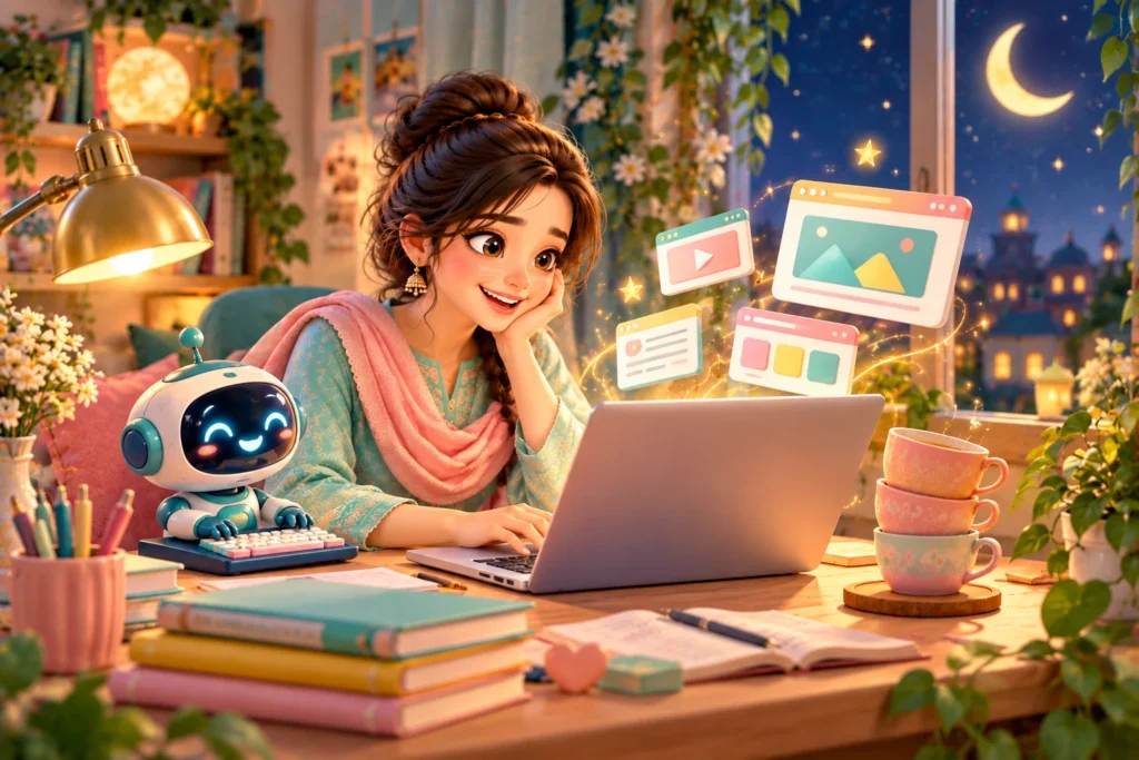 Woman who built a website with AI in one night, laughing at her laptop with a friendly robot