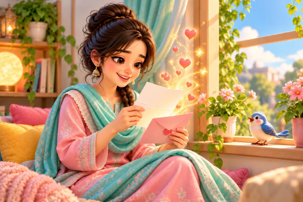 Happy girl reading an encouraging letter, confidence for girls