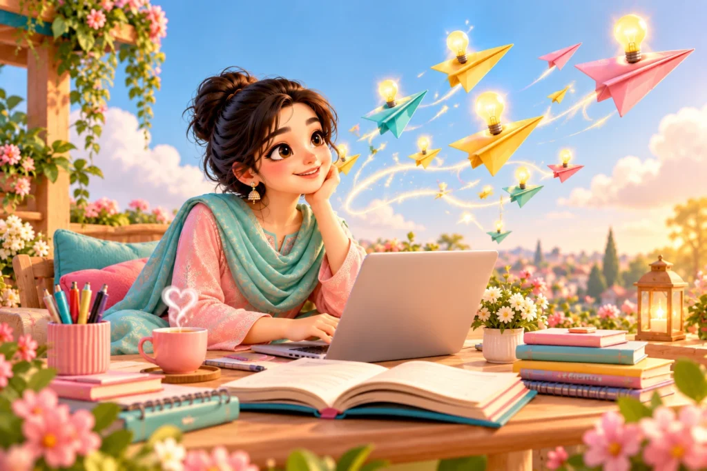 Learning blog: girl writing blog posts on a laptop on top of a giant open book