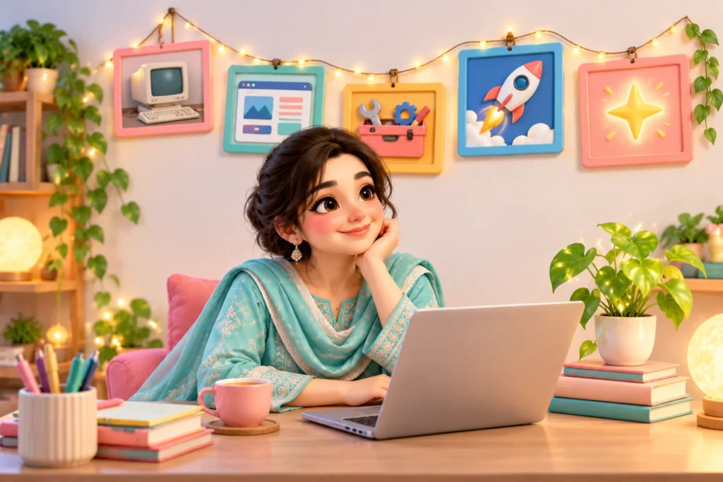 Learning platform for women: smiling woman at her desk with her learning journey timeline
