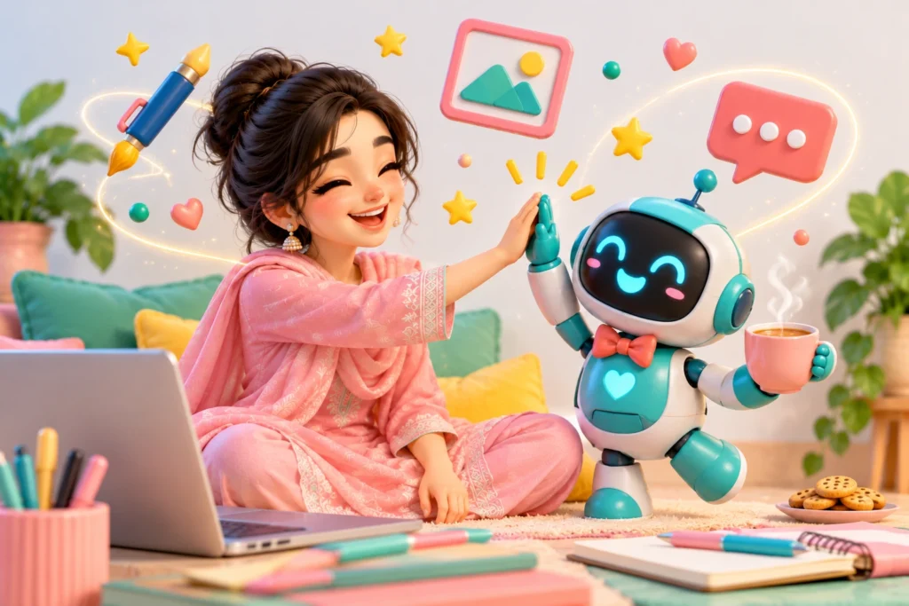 Girl giving a high five to a friendly AI robot, learning AI tools for beginners
