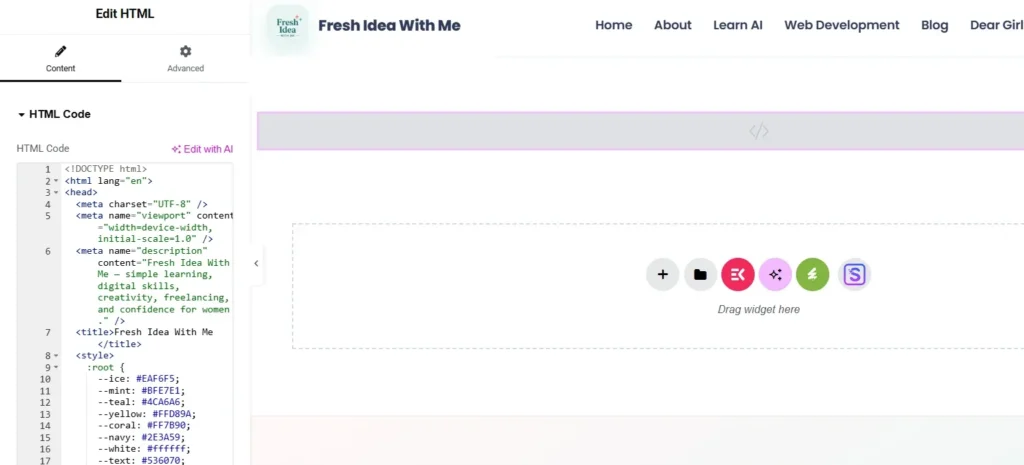 Old website page built as one big HTML code box in Elementor