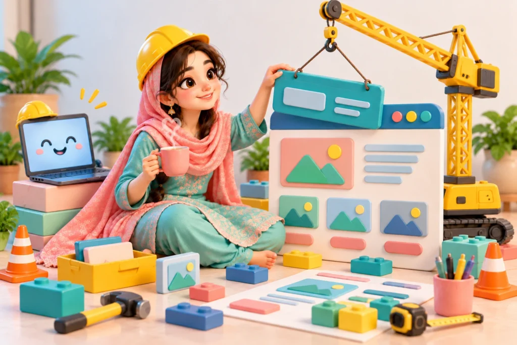 Pakistani girl building a website with colorful blocks, web development for beginners